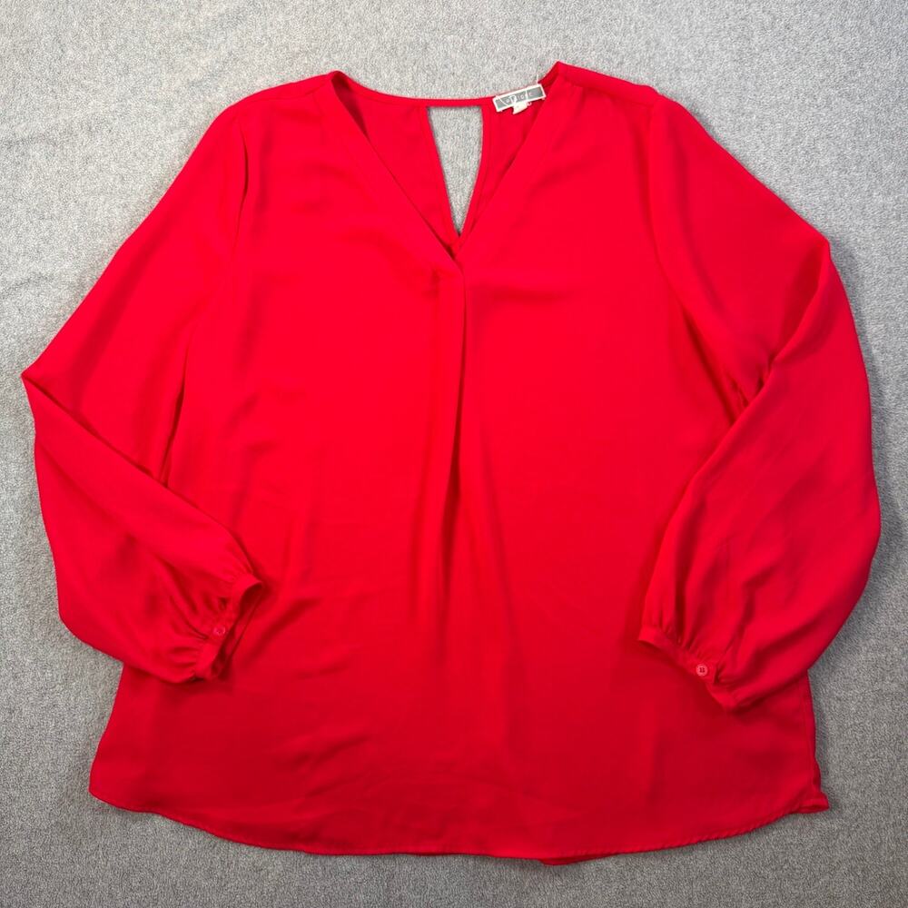 Pleione Women's XL Red Long Sleeve V-Neck Blouse Keyhole Back Top